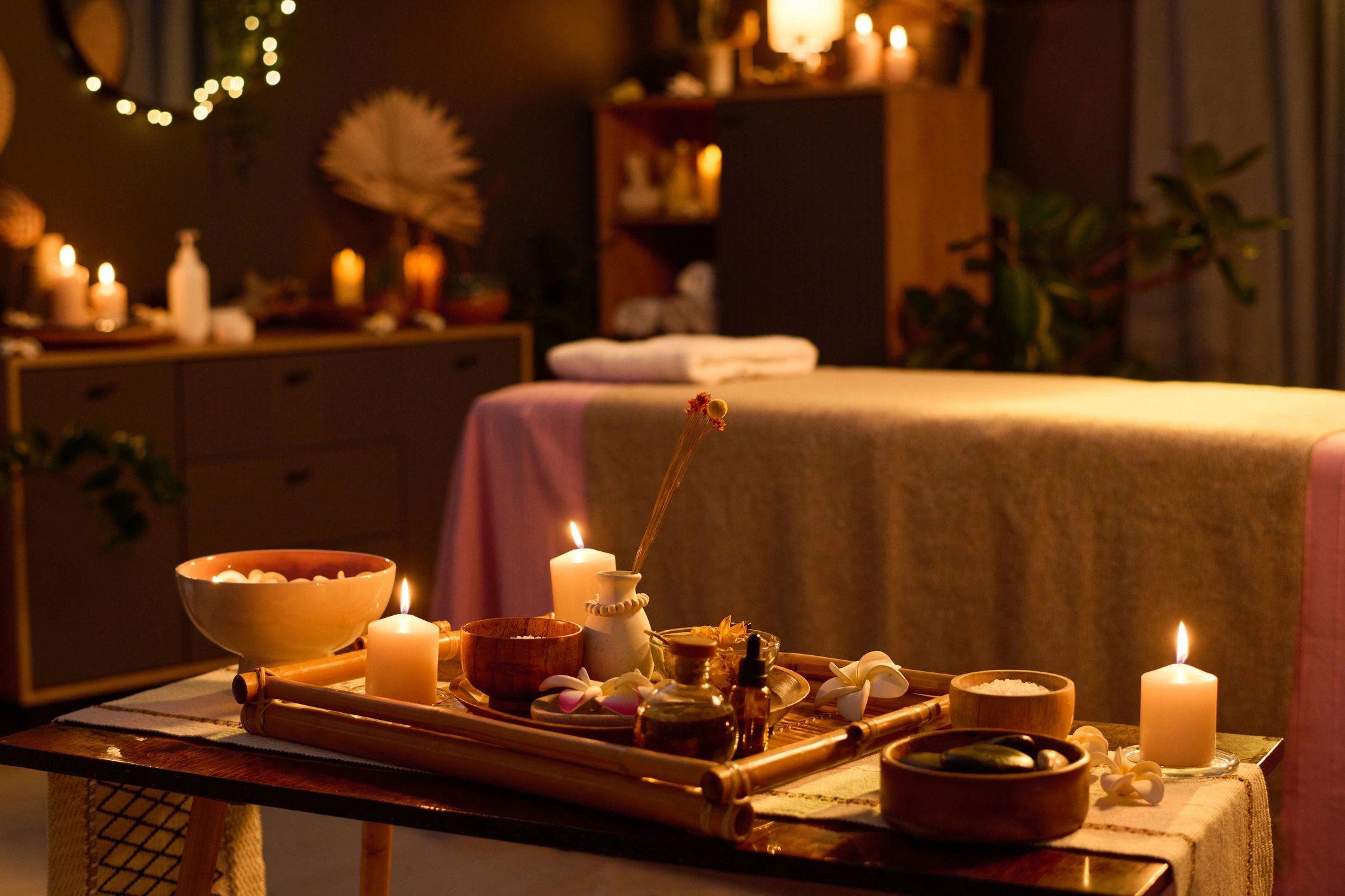 Spa-style amenity setup with candles and massage table